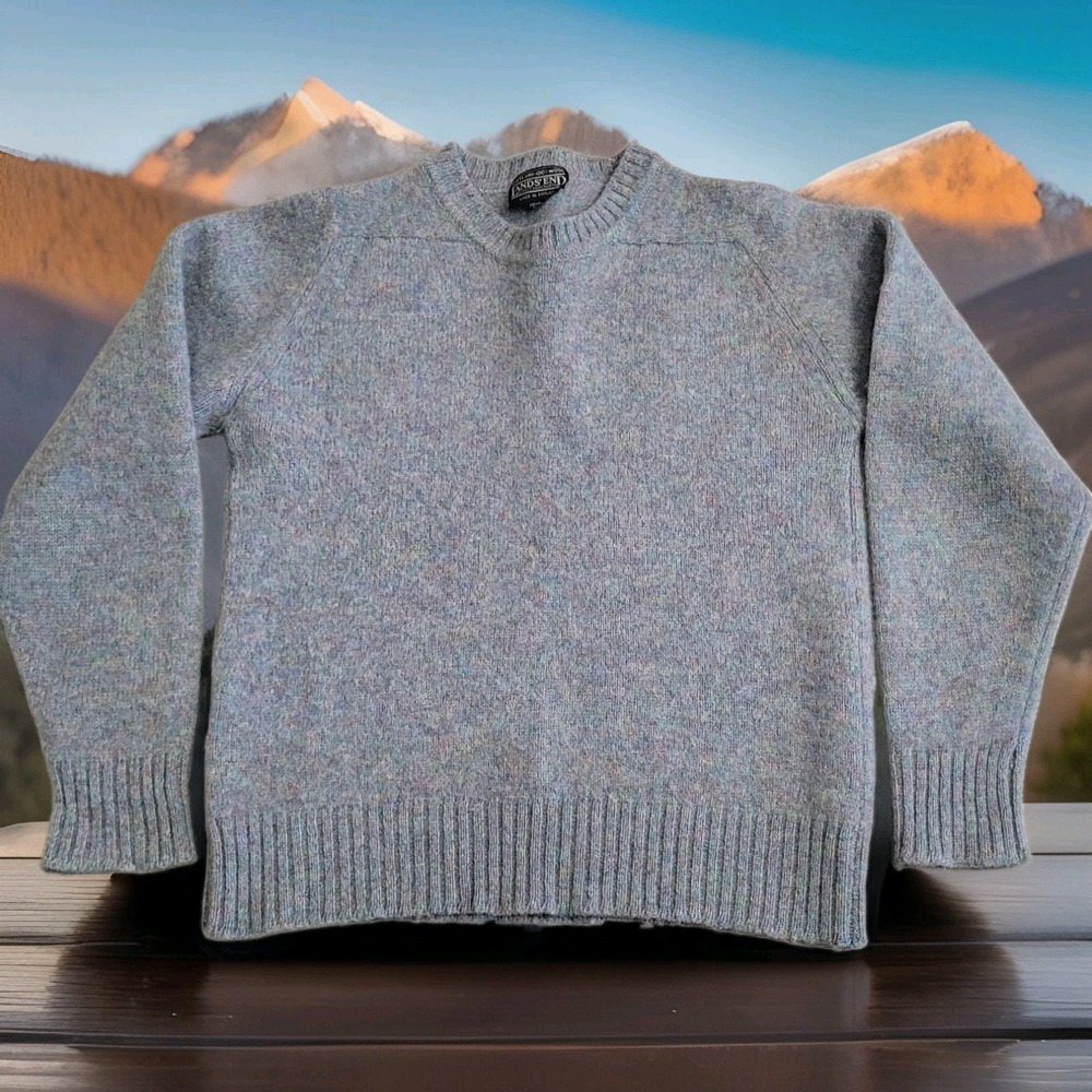 🐑Vintage Lands End Sweater Men M Blue Gray Shetland Wool Crewneck Made England - Picture 2 of 11